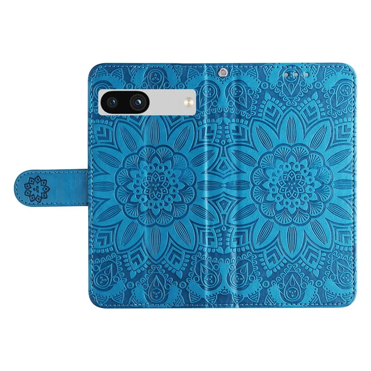 For Google Pixel 7a PU Leather Phone Case Imprinted Sunflower Flip Stand Wallet Cover - Blue