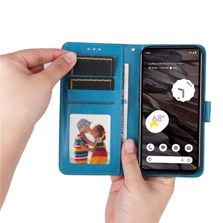 For Google Pixel 7a PU Leather Phone Case Imprinted Sunflower Flip Stand Wallet Cover - Blue