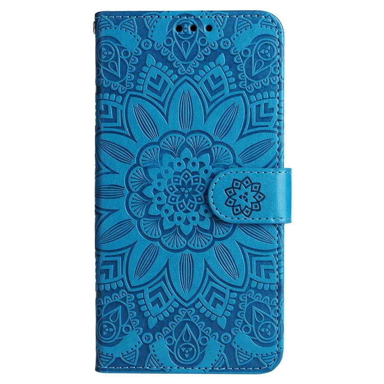 For Google Pixel 7a PU Leather Phone Case Imprinted Sunflower Flip Stand Wallet Cover - Blue