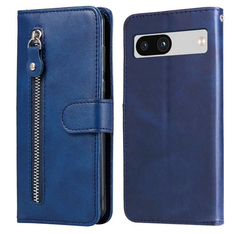 For Google Pixel 7a Calf Texture Leather Phone Case Zipper Pocket Wallet Flip Stand Cover - Blue