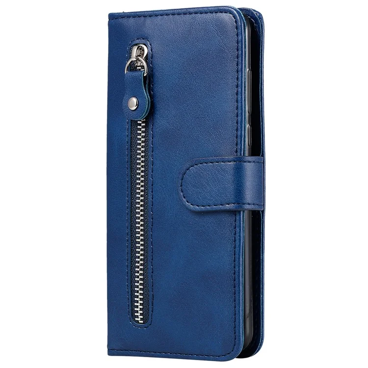 For Google Pixel 7a Calf Texture Leather Phone Case Zipper Pocket Wallet Flip Stand Cover - Blue