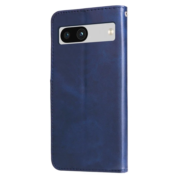 For Google Pixel 7a Calf Texture Leather Phone Case Zipper Pocket Wallet Flip Stand Cover - Blue
