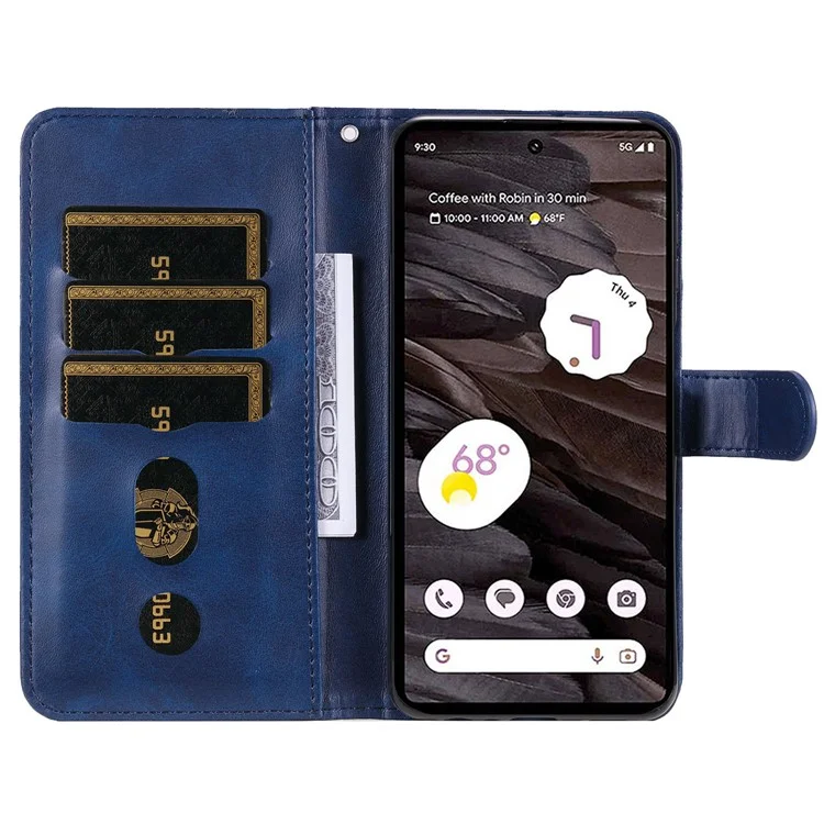 For Google Pixel 7a Calf Texture Leather Phone Case Zipper Pocket Wallet Flip Stand Cover - Blue
