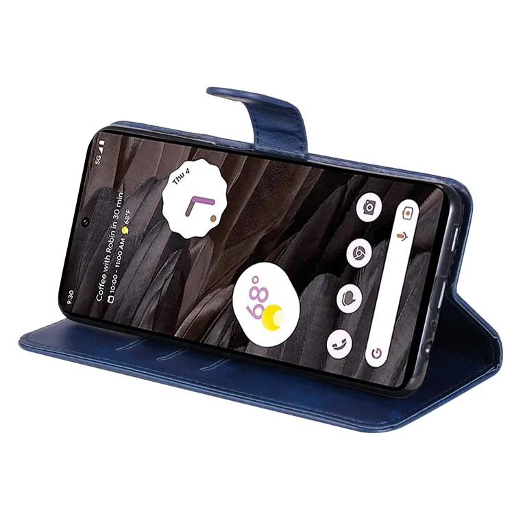For Google Pixel 7a Calf Texture Leather Phone Case Zipper Pocket Wallet Flip Stand Cover - Blue
