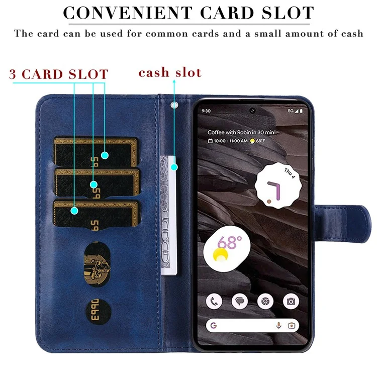 For Google Pixel 7a Calf Texture Leather Phone Case Zipper Pocket Wallet Flip Stand Cover - Blue