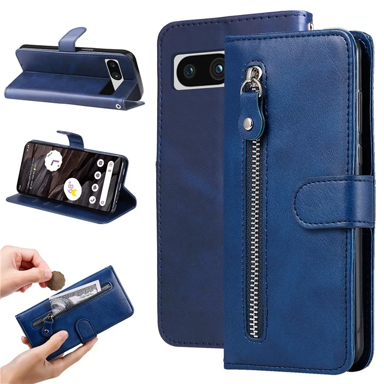 For Google Pixel 7a Calf Texture Leather Phone Case Zipper Pocket Wallet Flip Stand Cover - Blue