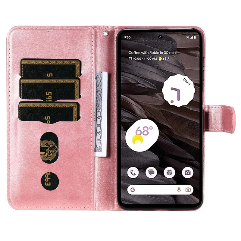 For Google Pixel 7a Calf Texture Leather Phone Case Zipper Pocket Wallet Flip Stand Cover - Pink
