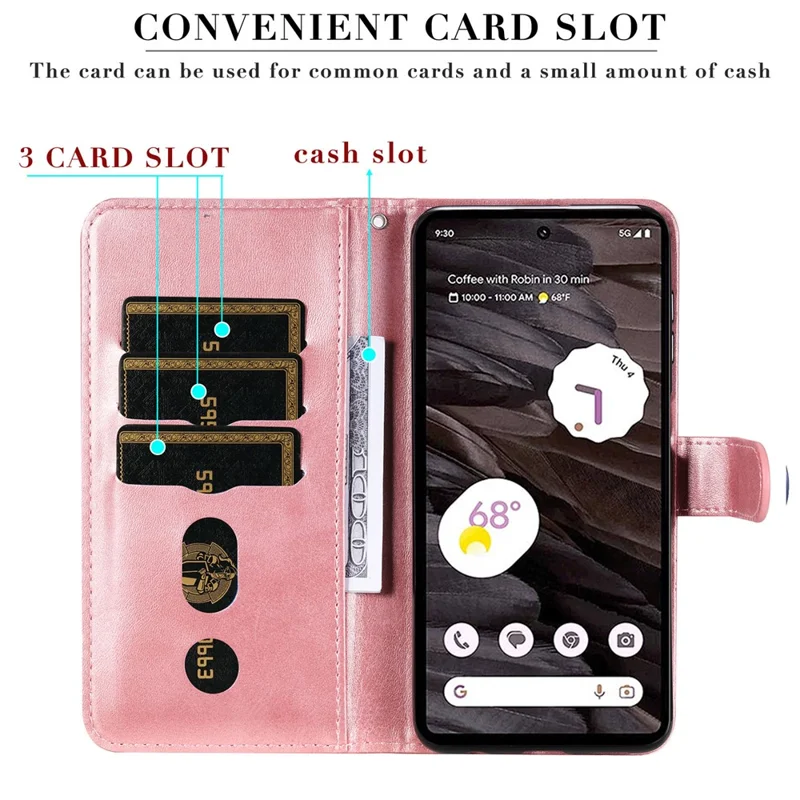 For Google Pixel 7a Calf Texture Leather Phone Case Zipper Pocket Wallet Flip Stand Cover - Pink