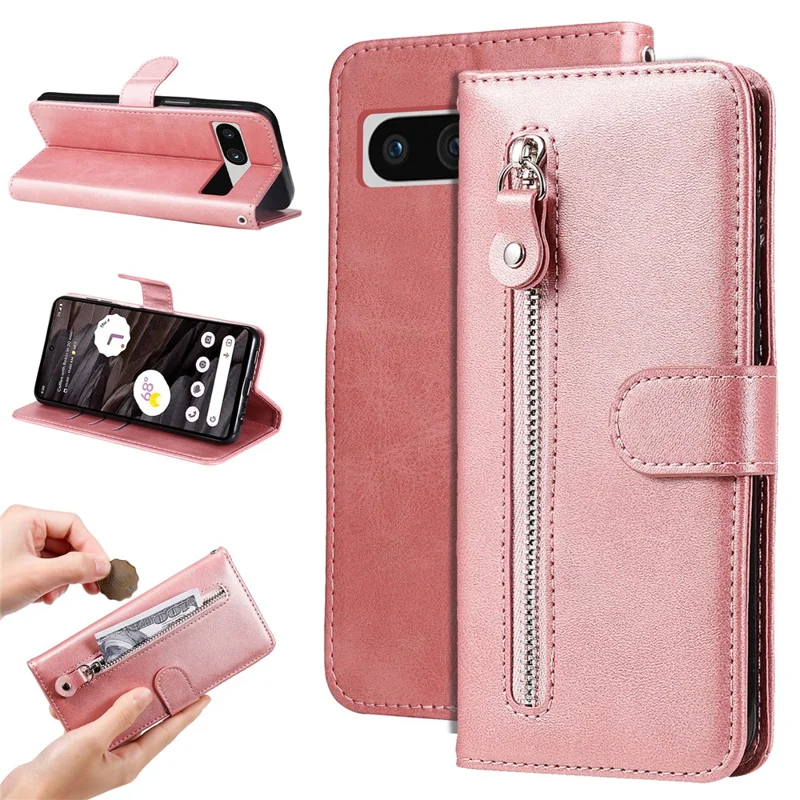 For Google Pixel 7a Calf Texture Leather Phone Case Zipper Pocket Wallet Flip Stand Cover - Pink