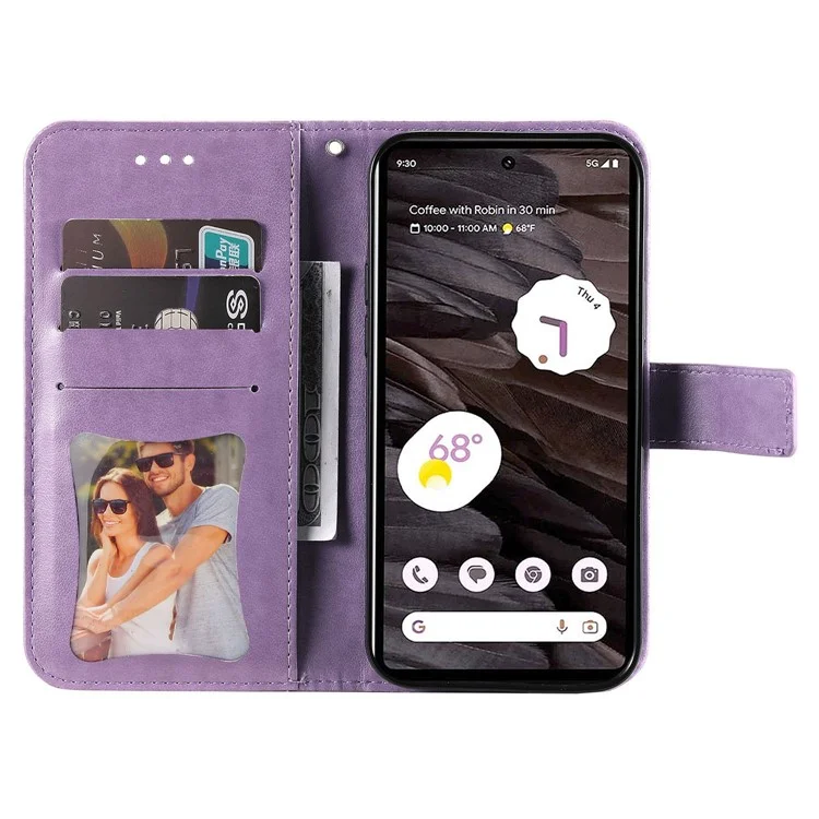 Para Google Pixel 7a Anti-Scratch PU Leather Cover Case Flower Imprinting Phone Stand Wallet Phone Shell - Roxo