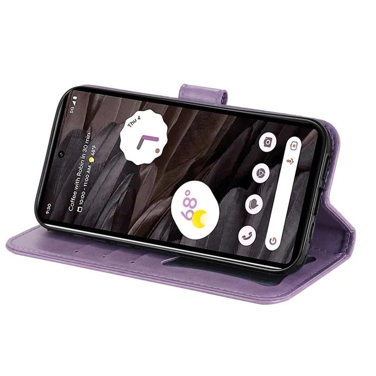 Para Google Pixel 7a Anti-Scratch PU Leather Cover Case Flower Imprinting Phone Stand Wallet Phone Shell - Roxo