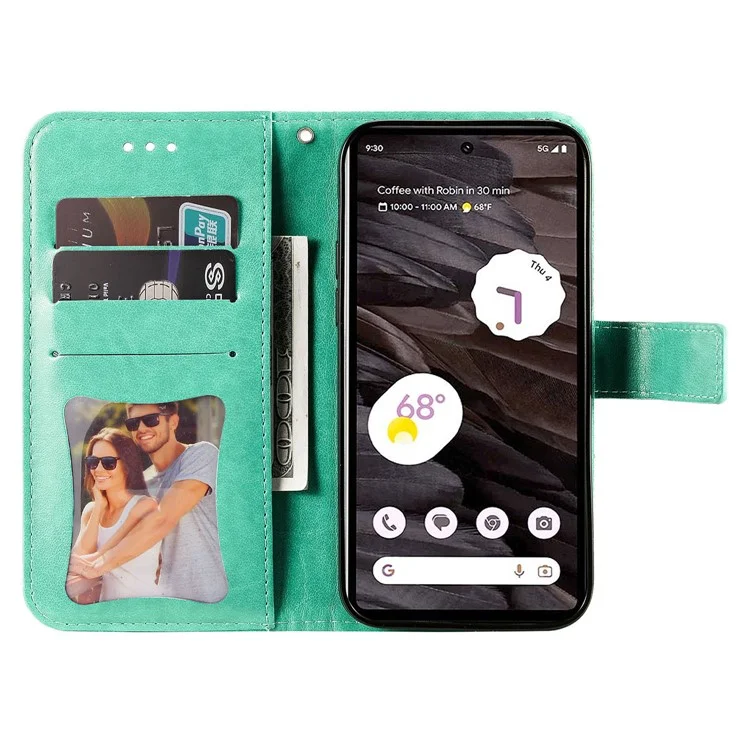 Для Google Pixel 7a Anti-Scratch PU Leather Cover Case Flower Imprinting Phone Stand Wallet Phone Shell - Green