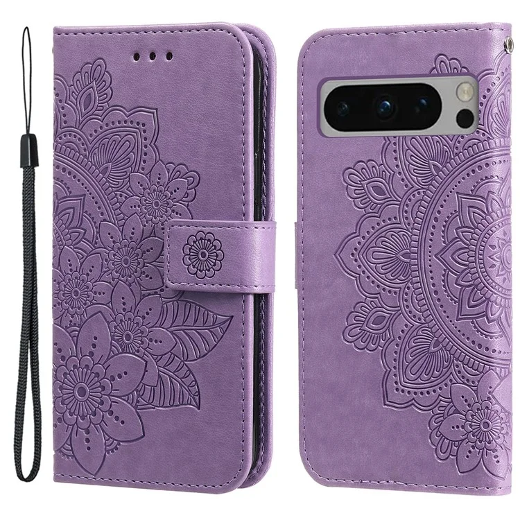 Para Google Pixel 8 Pro Imprinting Flower Cell Phone Stand Wallet Shell PU Leather Cover Case - Purple