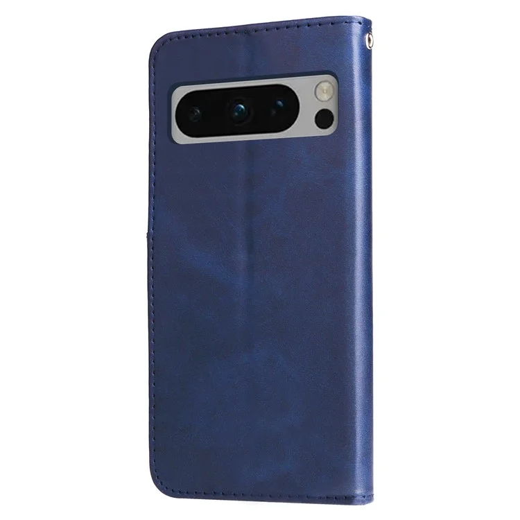 Pour Google Pixel 8 Pro Calf Texture Phone Case Zipper Pocket Leather Wallet Stand Cover - Bleu