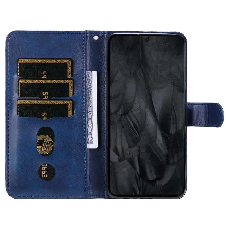 Pour Google Pixel 8 Pro Calf Texture Phone Case Zipper Pocket Leather Wallet Stand Cover - Bleu