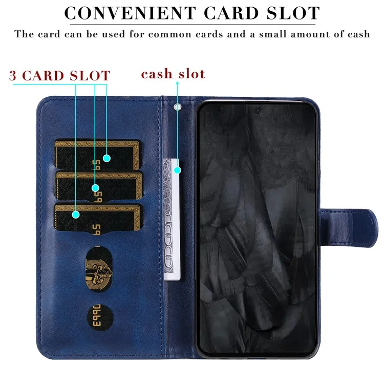 Pour Google Pixel 8 Pro Calf Texture Phone Case Zipper Pocket Leather Wallet Stand Cover - Bleu