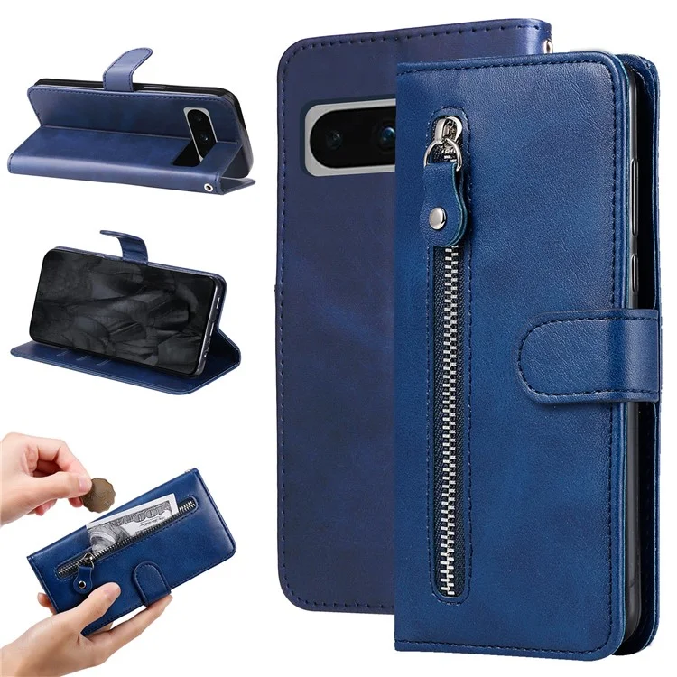 Pour Google Pixel 8 Pro Calf Texture Phone Case Zipper Pocket Leather Wallet Stand Cover - Bleu