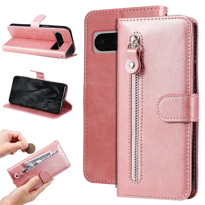 For Google Pixel 8 Pro Calf Texture Phone Case Zipper Pocket Leather Wallet Stand Cover - Pink