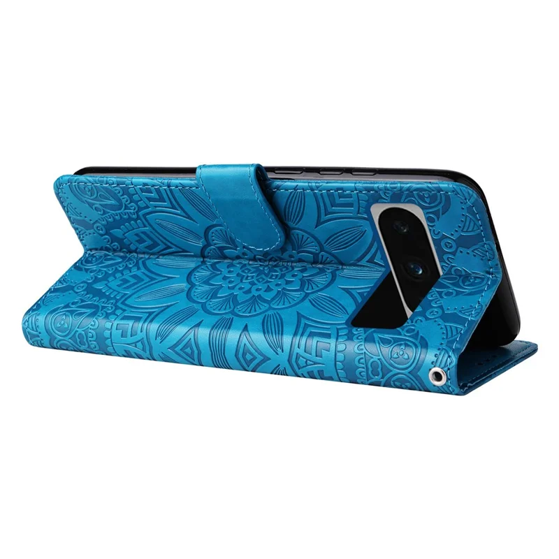 Per Google Pixel 8 Pro Imprinted Sunflower Phone Case Custodia Portafoglio in Pelle PU con Supporto - Blu