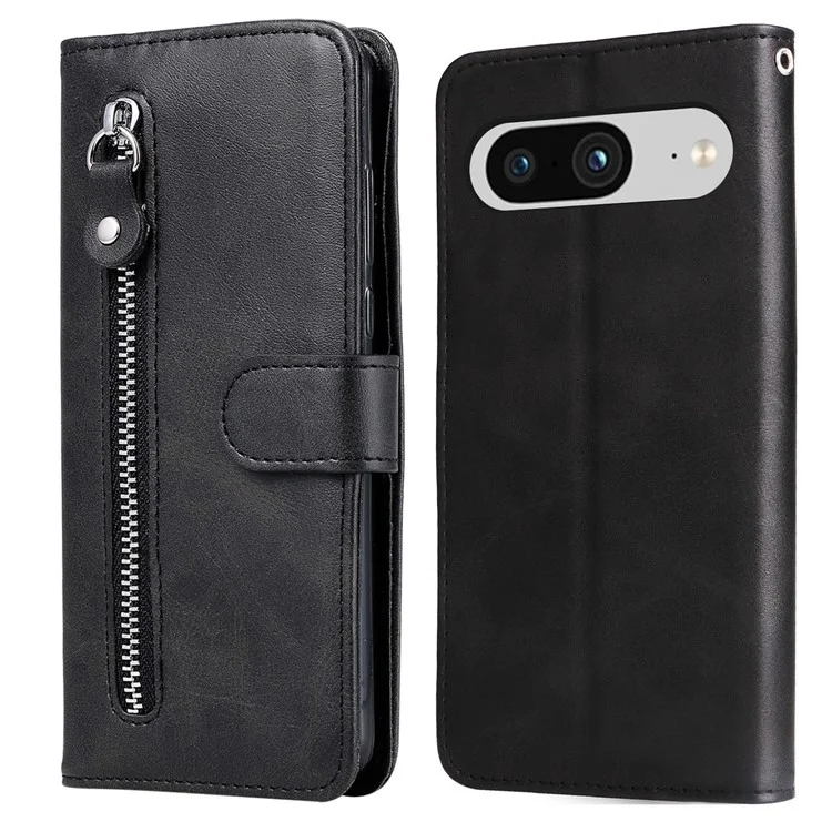 For Google Pixel 8 Zipper Pocket Wallet Cover Calf Texture PU Leather Phone Case with Stand - Black