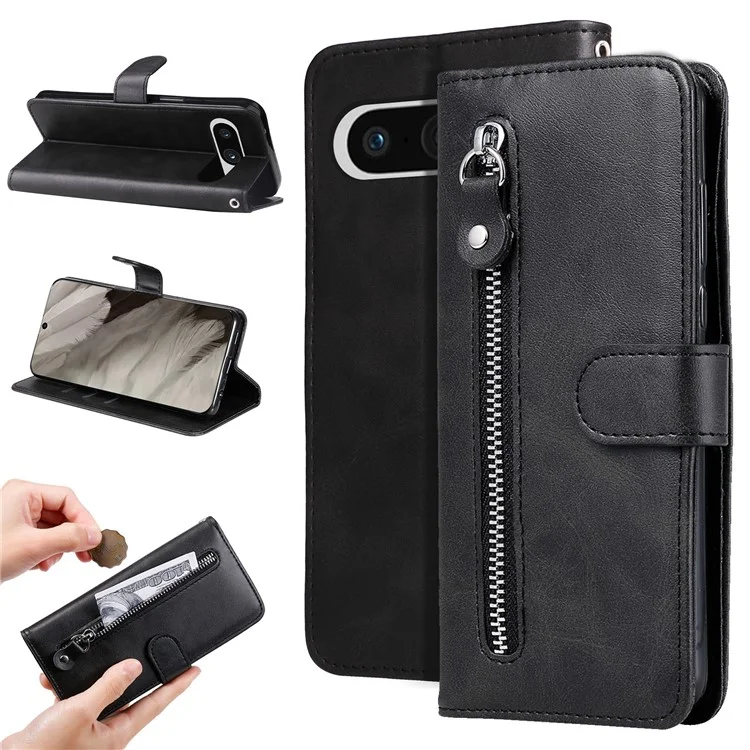 For Google Pixel 8 Zipper Pocket Wallet Cover Calf Texture PU Leather Phone Case with Stand - Black