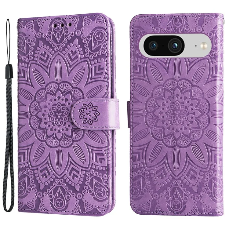 Pour Google Pixel 8 Sunflower Imprinted Phone Stand Cover PU Leather Wallet Mobile Case - Purple