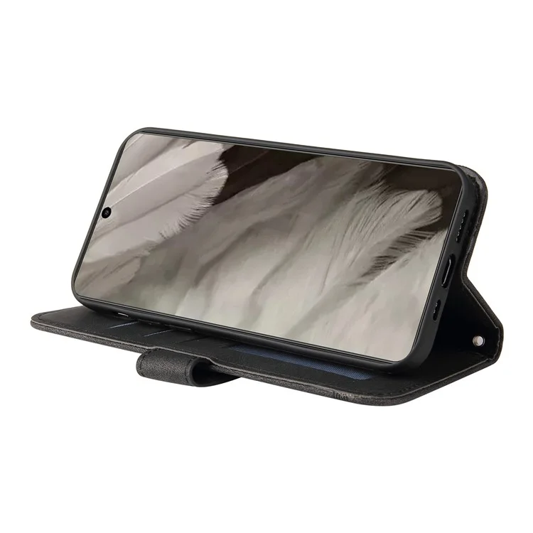 For Google Pixel 8 Leather Wallet Cases Skin Touch Phone Cover Stand with Strap - Black