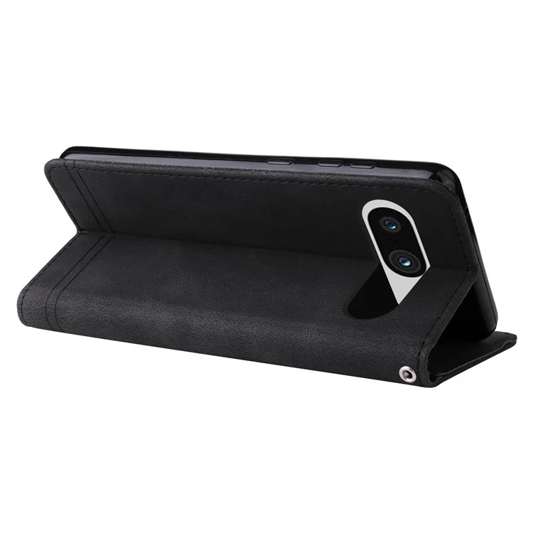 For Google Pixel 8 Leather Wallet Cases Skin Touch Phone Cover Stand with Strap - Black