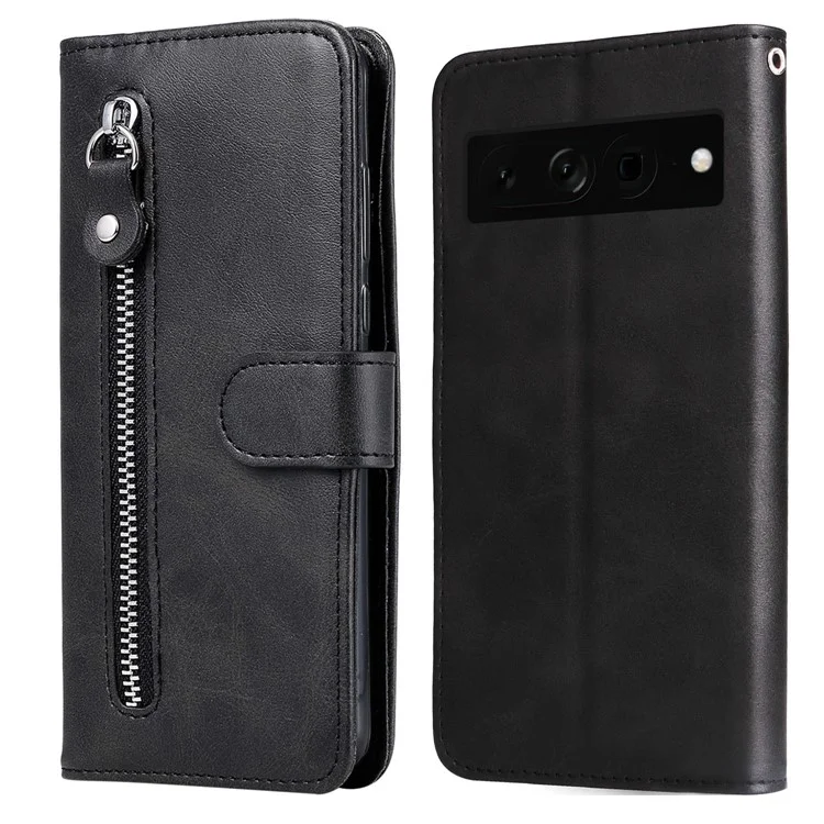 Per Google Pixel 7 Pro 5G Zipper Pocket Wallet Leather Stand Cover Calf Texture Phone Case - Nero