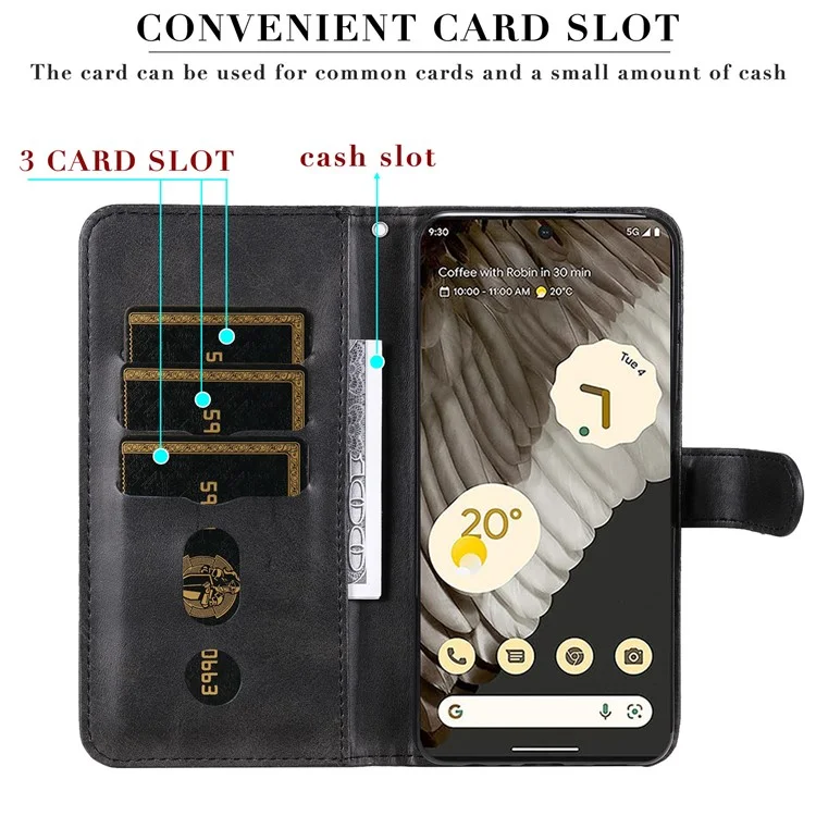 Per Google Pixel 7 Pro 5G Zipper Pocket Wallet Leather Stand Cover Calf Texture Phone Case - Nero