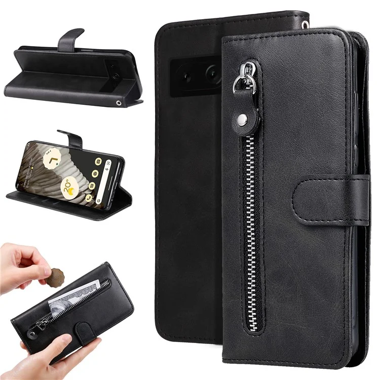 Per Google Pixel 7 Pro 5G Zipper Pocket Wallet Leather Stand Cover Calf Texture Phone Case - Nero