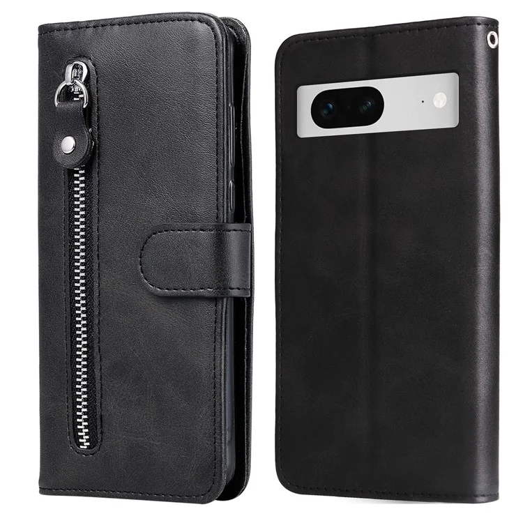 Para Google Pixel 7 5G Calf Texture Phone Case Folding Stand Zipper Pocket Leather Wallet Cover - Black