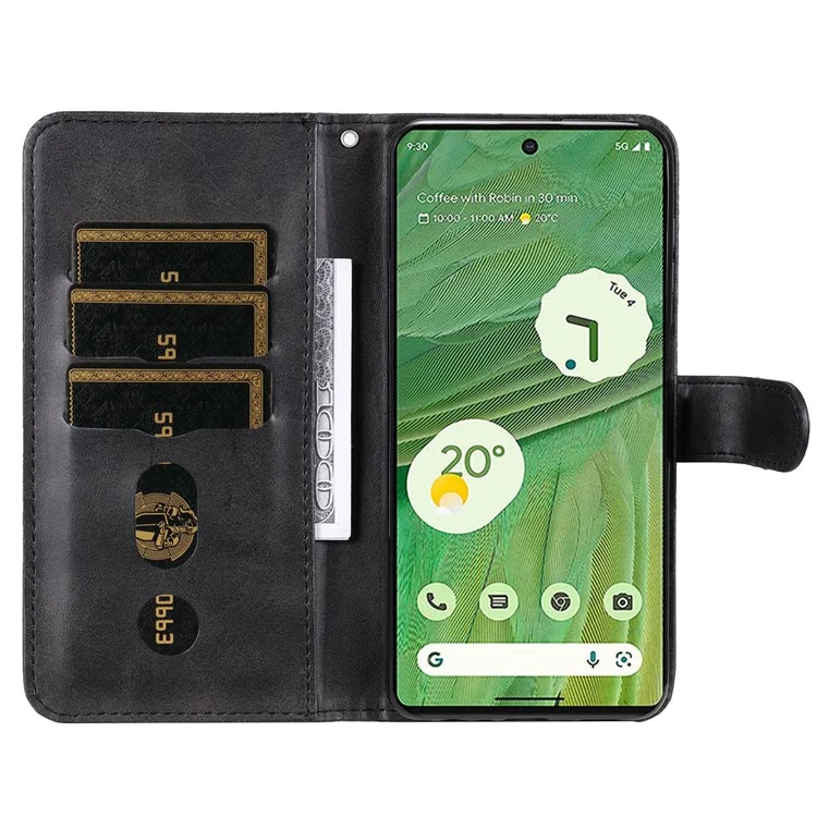 Para Google Pixel 7 5G Calf Texture Phone Case Folding Stand Zipper Pocket Leather Wallet Cover - Black