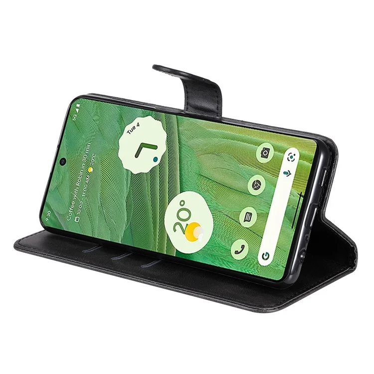 Para Google Pixel 7 5G Calf Texture Phone Case Folding Stand Zipper Pocket Leather Wallet Cover - Black