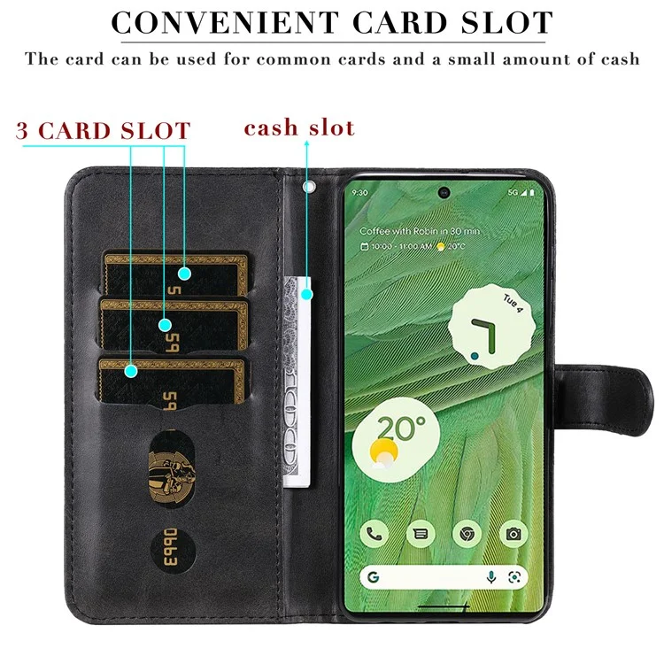 Para Google Pixel 7 5G Calf Texture Phone Case Folding Stand Zipper Pocket Leather Wallet Cover - Black