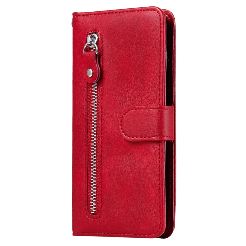 For Google Pixel 7 5G Calf Texture Phone Case Folding Stand Zipper Pocket Leather Wallet Cover - Red