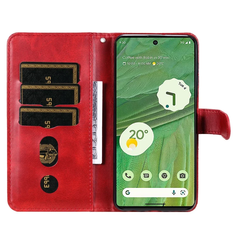 For Google Pixel 7 5G Calf Texture Phone Case Folding Stand Zipper Pocket Leather Wallet Cover - Red