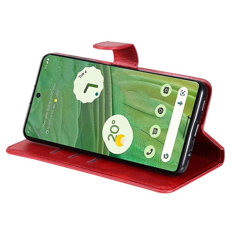 For Google Pixel 7 5G Calf Texture Phone Case Folding Stand Zipper Pocket Leather Wallet Cover - Red