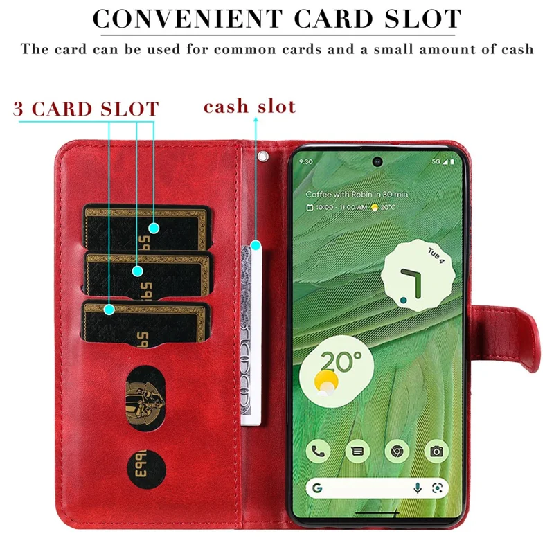 For Google Pixel 7 5G Calf Texture Phone Case Folding Stand Zipper Pocket Leather Wallet Cover - Red