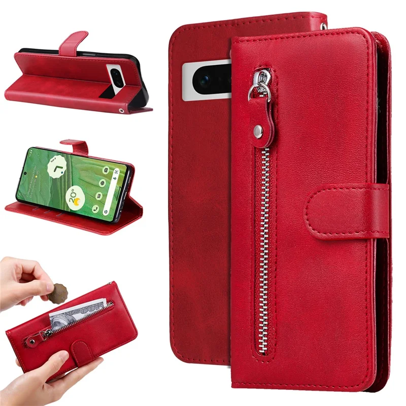 For Google Pixel 7 5G Calf Texture Phone Case Folding Stand Zipper Pocket Leather Wallet Cover - Red