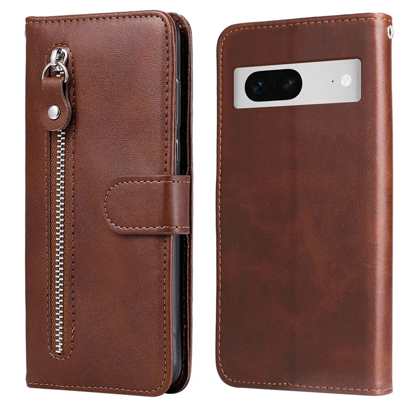 For Google Pixel 7 5G Calf Texture Phone Case Folding Stand Zipper Pocket Leather Wallet Cover - Brown