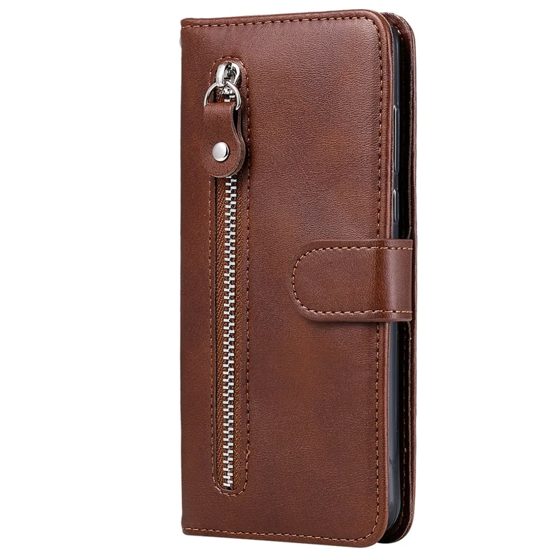 For Google Pixel 7 5G Calf Texture Phone Case Folding Stand Zipper Pocket Leather Wallet Cover - Brown
