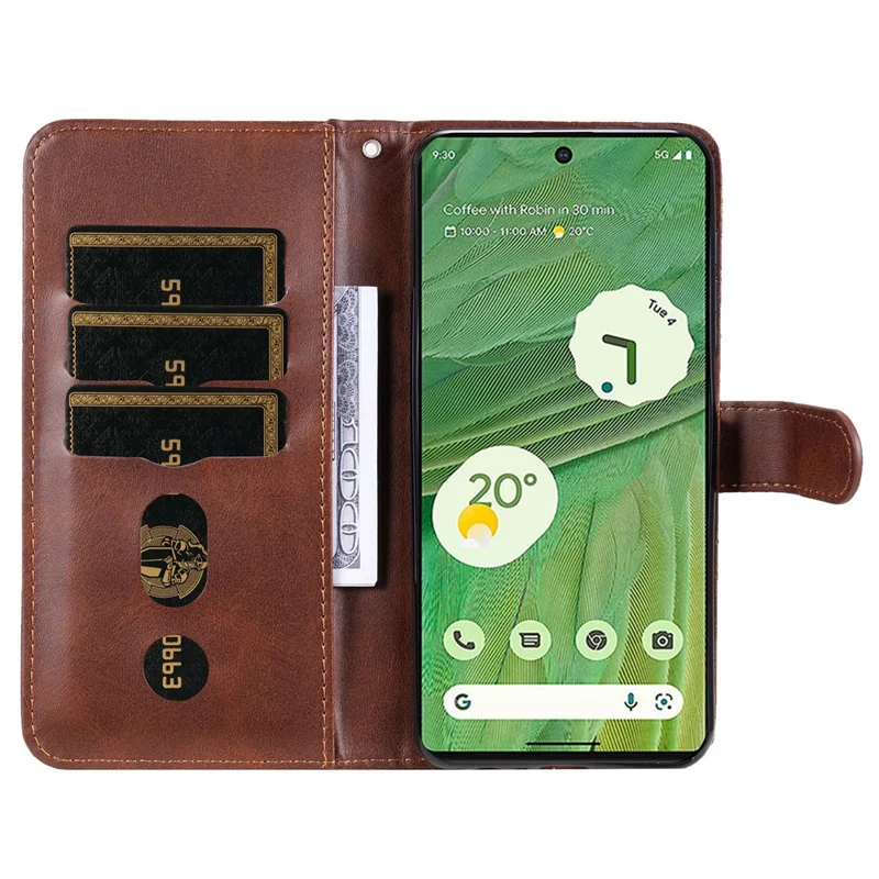 For Google Pixel 7 5G Calf Texture Phone Case Folding Stand Zipper Pocket Leather Wallet Cover - Brown