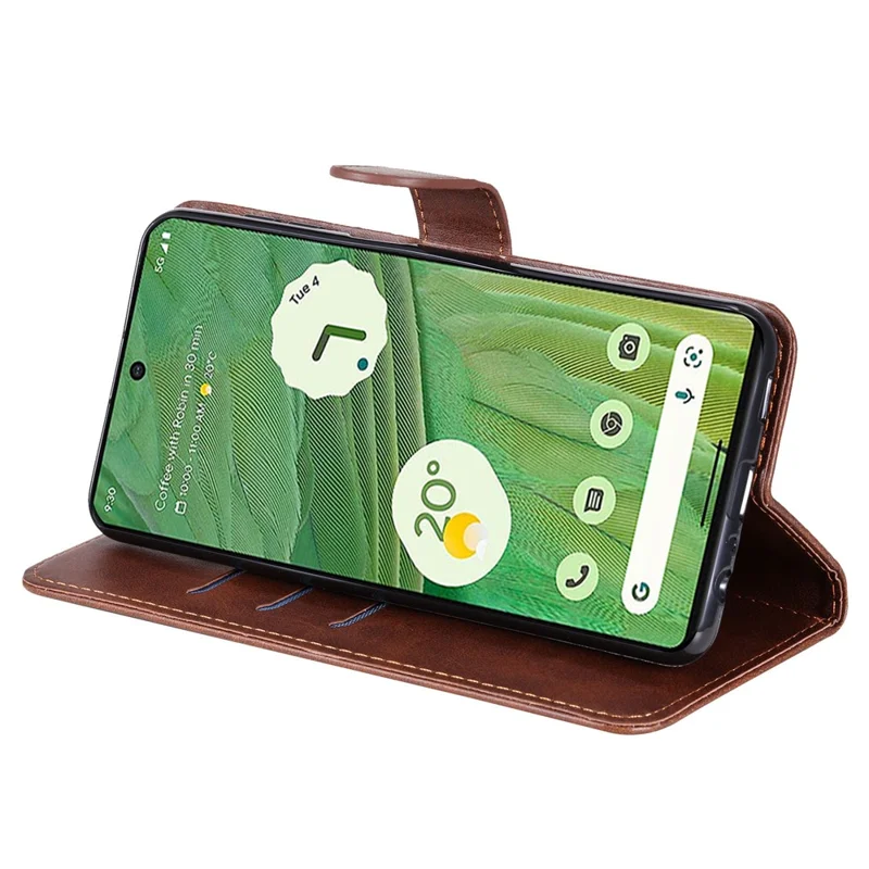 For Google Pixel 7 5G Calf Texture Phone Case Folding Stand Zipper Pocket Leather Wallet Cover - Brown