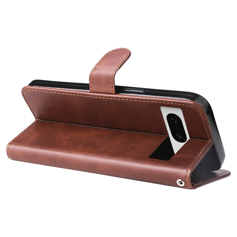 For Google Pixel 7 5G Calf Texture Phone Case Folding Stand Zipper Pocket Leather Wallet Cover - Brown