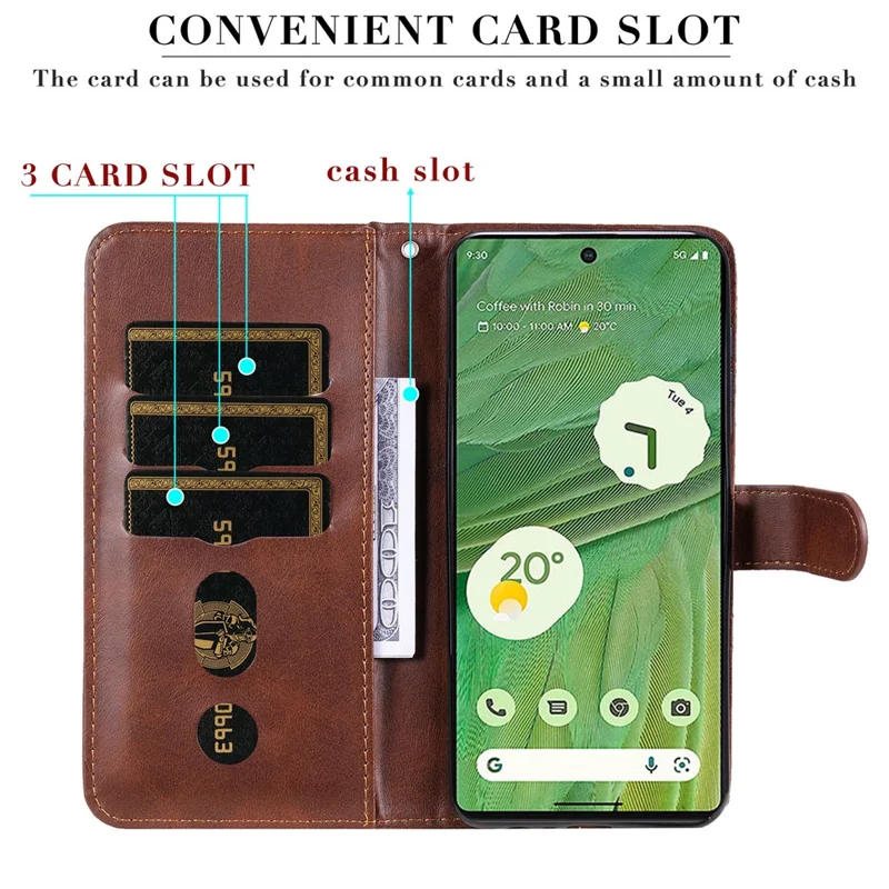 For Google Pixel 7 5G Calf Texture Phone Case Folding Stand Zipper Pocket Leather Wallet Cover - Brown