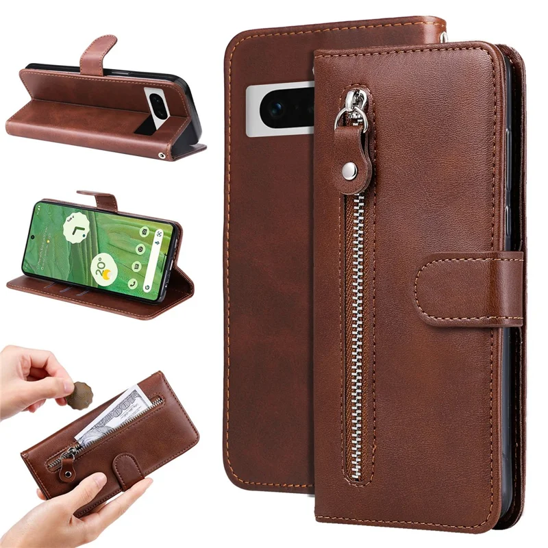 For Google Pixel 7 5G Calf Texture Phone Case Folding Stand Zipper Pocket Leather Wallet Cover - Brown