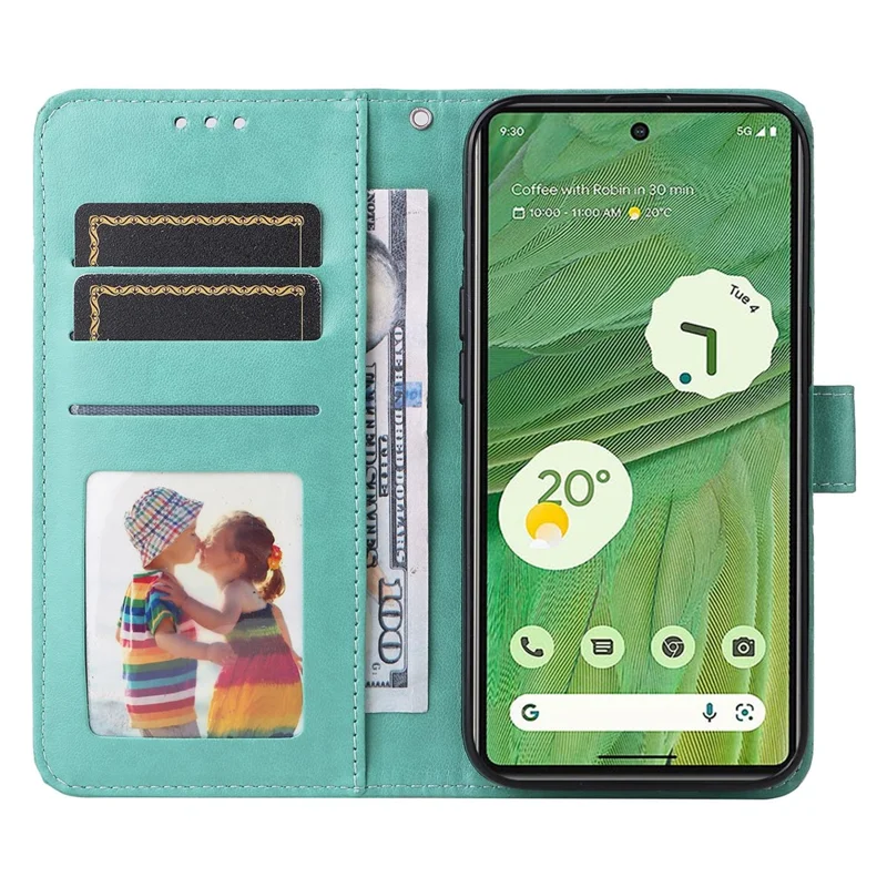For Google Pixel 7 5G PU Leather Wallet Cover Sunflower Imprinted Flip Stand Case - Green