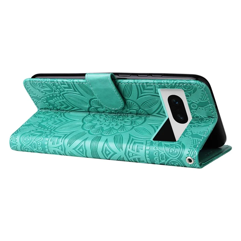 For Google Pixel 7 5G PU Leather Wallet Cover Sunflower Imprinted Flip Stand Case - Green