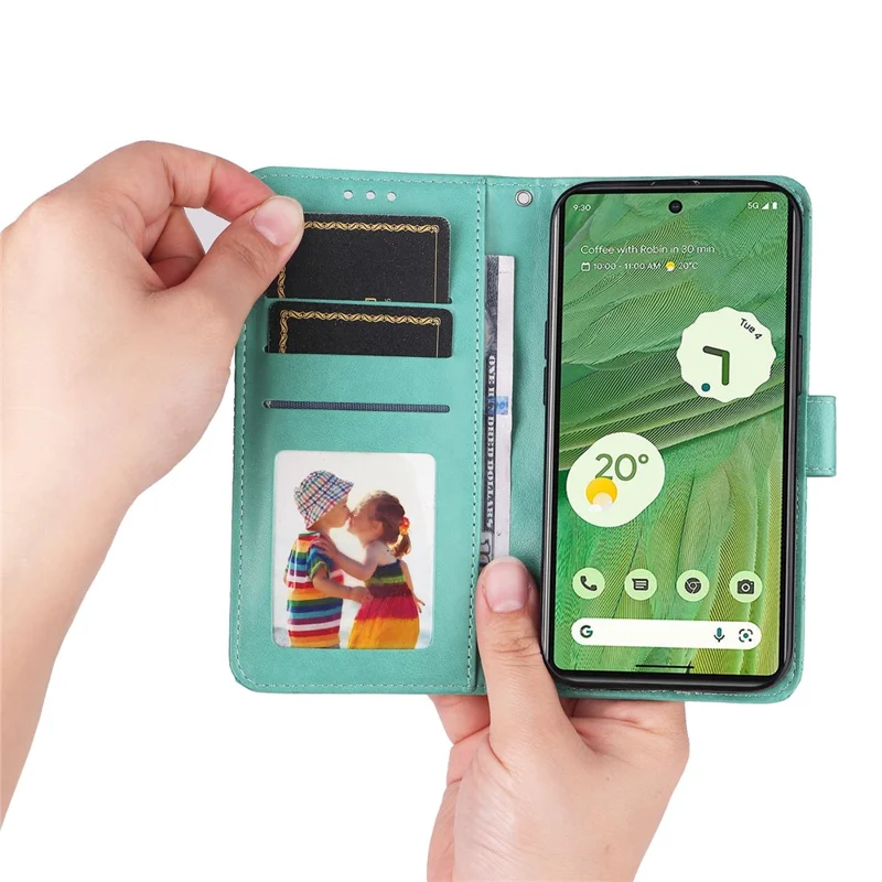 For Google Pixel 7 5G PU Leather Wallet Cover Sunflower Imprinted Flip Stand Case - Green
